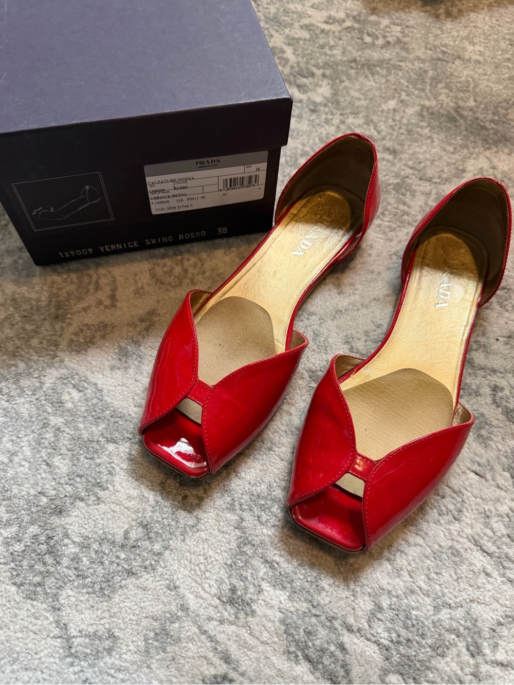 Prada Red Patent Leather Peep-Toe D'Orsay Flats